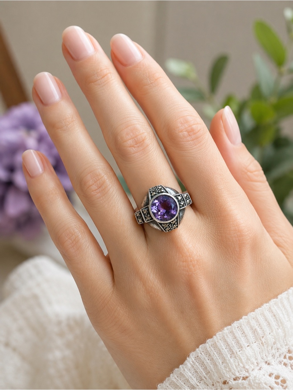 Vintage Sterling Silver Art Deco Style Marcasite Amethyst Ring Size 7